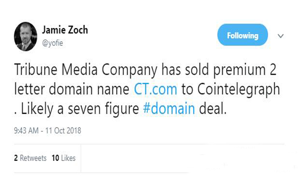 身价达900万！极品域名CT.COM被币圈终端收购！
